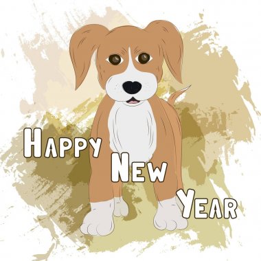 Yeni yıl kartı ile köpek yavrusu. El çizilmiş kroki bir köpek. Vektör hastası