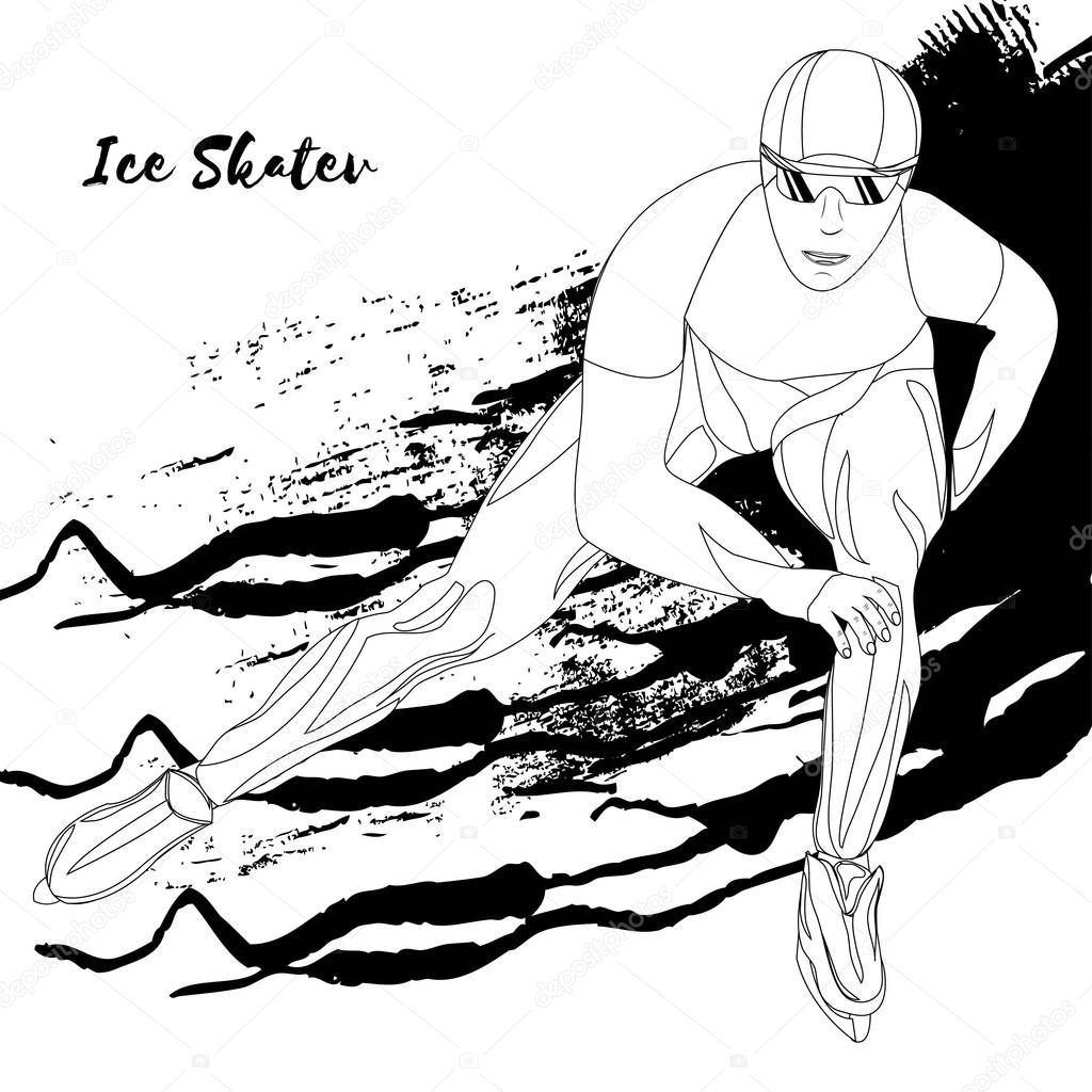 Winter sport. Ice skater. Speed skating. Black and white sample.