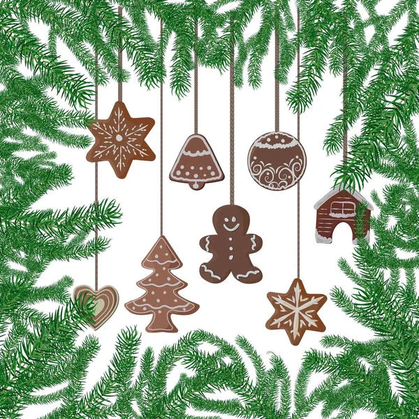 Panes de jengibre navideños con marco de ramas de abeto. Ilustración vectorial . — Vector de stock