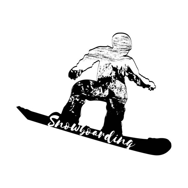 Double exposure. Winter sport. Snowboarder. Vector isolate. Blac