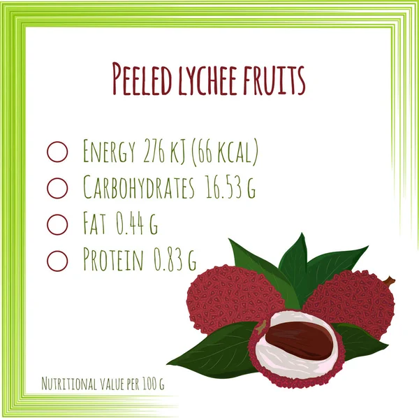 Lychee. Factos nutricionais. Design plano, sem gradiente. Ilustre vetor — Vetor de Stock