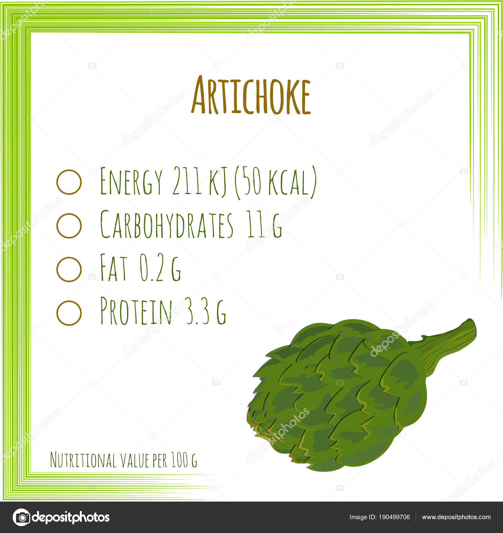 Artichoke. Nutrition facts. Flat design, no gradient. Vector ill Stock