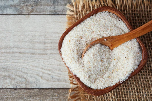 Cáscara Psyllium Ispaghula Cuenco Madera Sobre Fondo Rústico Vista Superior —  Fotos de Stock