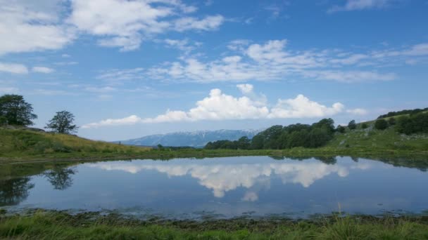 このストック映像は 小さな湖を移動する白い雲の時間の経過を示しています 緑の木々や湖の周りの他の葉を持つ小さな丘があります — ストック動画