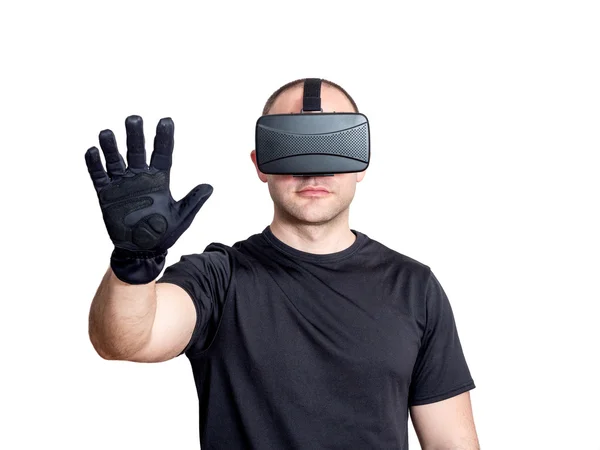 Ember használja a virtuális-valóság sisak és megható egy virtuális interfa — Stock Fotó