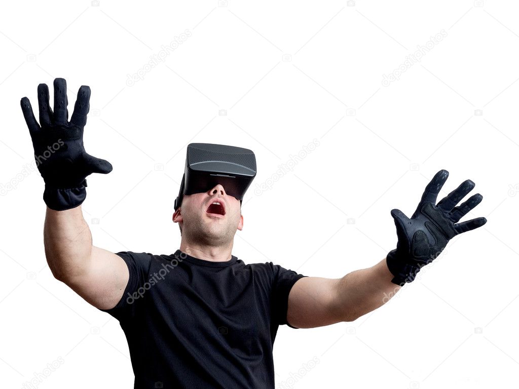 Fascinated man using virtual reality glasses isolated over white