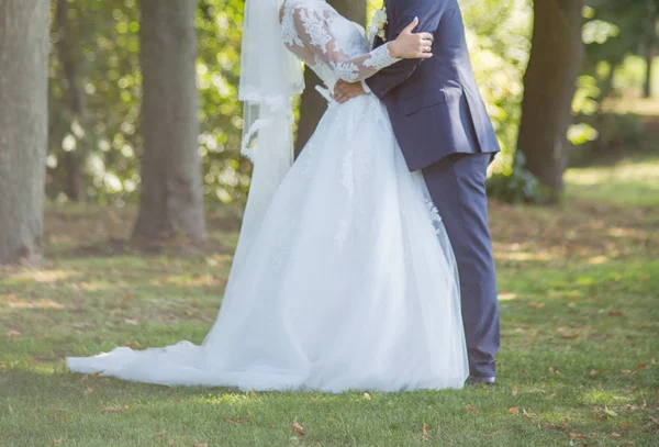 Brudgummen med bruden tillsammans i parken — Stockfoto