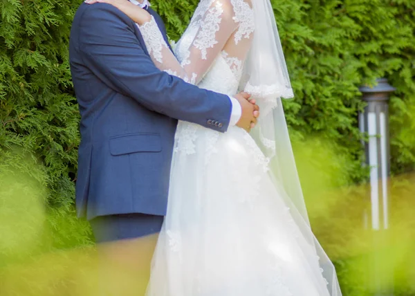 Bride hugging groom — Stock Photo, Image