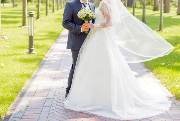 Mariée et marié debout dans le parc — Photo