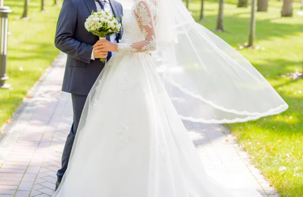 Bruid en bruidegom staan in het park — Stockfoto