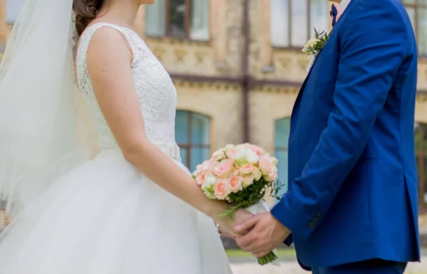 La novia y el novio están tomados de la mano en el parque — Foto de Stock