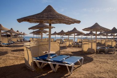 şezlong ve güneş ışıklı plajda hasır şemsiyeler