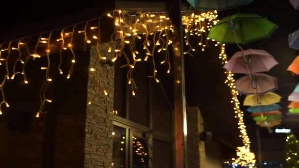 Light Bulbs Garlands Evening Bokeh — Stock Video