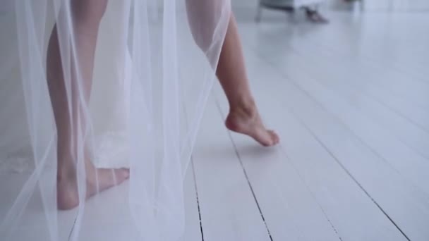 Barefoot Bride Walks Floor — Stock Video