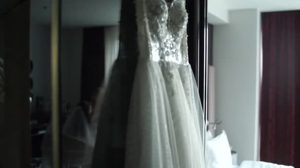 Wedding Dress Hanging Wall — Stock Video