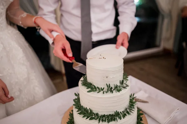 Noiva Noivo Cortam Bolo Casamento — Fotografia de Stock