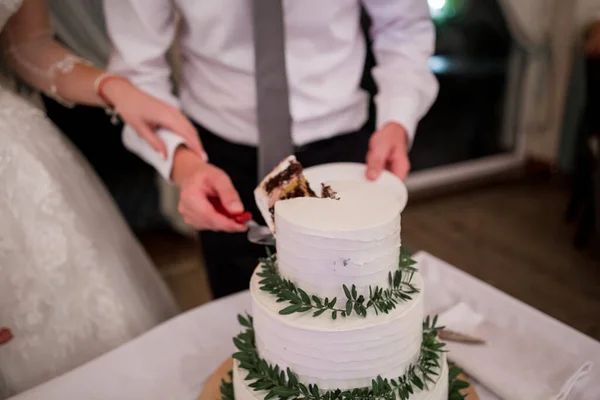 Noiva Noivo Cortam Bolo Casamento — Fotografia de Stock