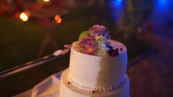 Bolo Casamento Noite Perto Arco Cerimônia — Vídeo de Stock