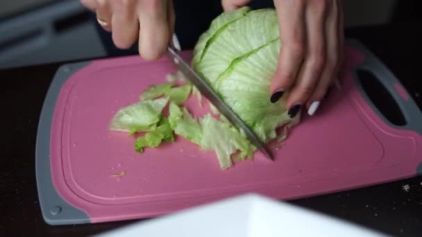 Salatblätter Mit Dem Messer Schneiden — Stockvideo