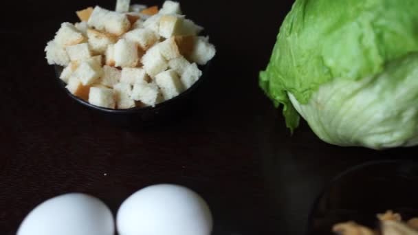 Ingredients Salad Tomatoes Eggs Seafood — Stock Video