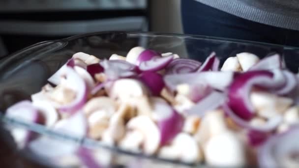 Woman Puts Onions Potatoes Dish — Stock Video