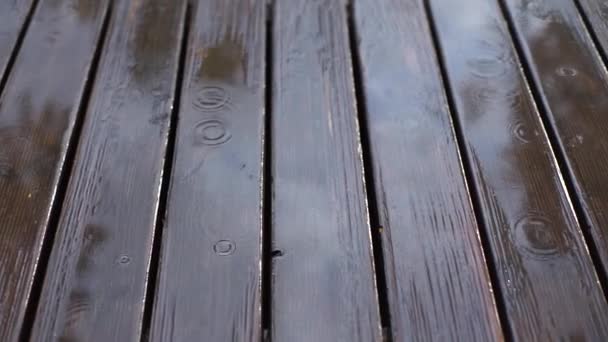 Gotas Lluvia Cayendo Sobre Suelo Madera — Vídeo de stock