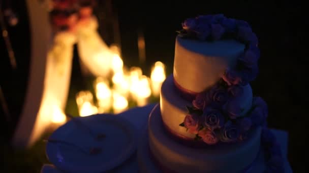 アーチの近くの通りで結婚式のケーキ — ストック動画