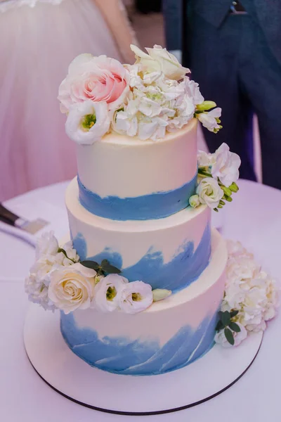 花嫁と新郎は結婚式のケーキをカット — ストック写真