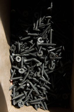 Karton bir kutuda siyah vidalar