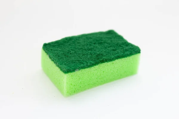 Green Sponge Washing Dishes White Background — Stock Photo, Image