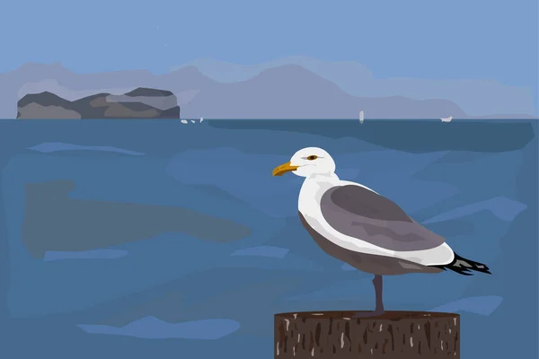 Mouette Sur Pilier Près Mer — Image vectorielle