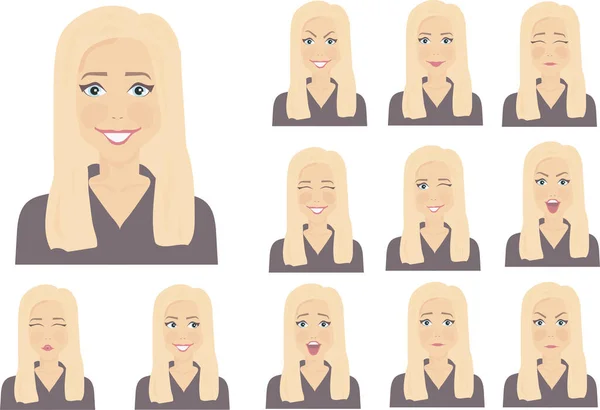 Set Van Emoties Van Een Vrouw Met Blond Haar Blauwe — Stockvector