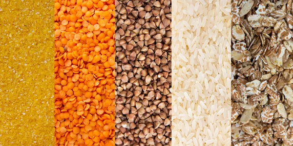 Gabona kollázs hajdina kukorica zabpehely rizs lencse — Stock Fotó