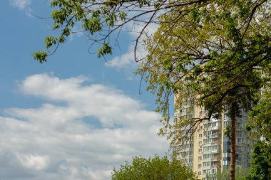 Ağaçların ve yaprakların arasında yüksek apartman