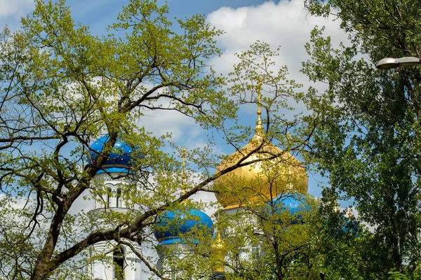 Cúpulas Douradas Igreja Ortodoxa Através Árvores — Fotografia de Stock