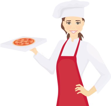 Elinde pizza kutusuyla aşçı bir kadın.