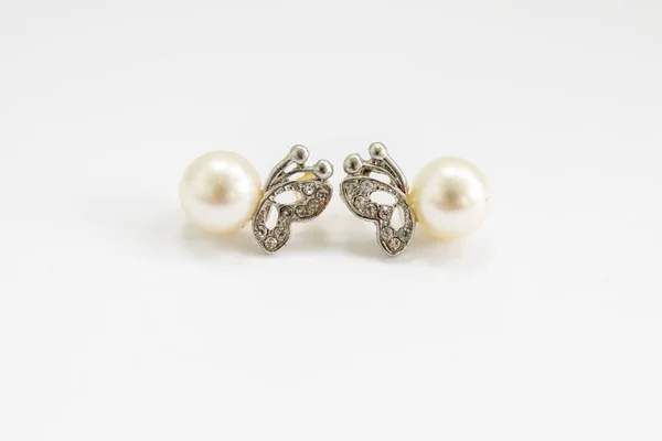 Earrings Pearls White Background — Stock Photo, Image