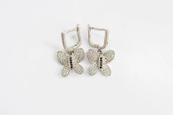 Gold Butterfly Earrings Diamonds White — Stock Photo, Image