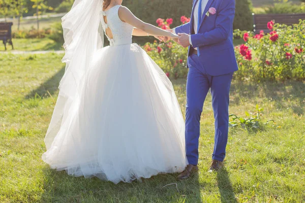 Sposa Sposo Parco Tra Gli Alberi — Foto Stock