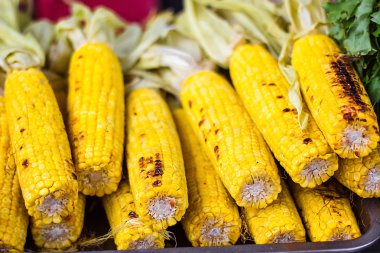 Closeup lezzetli Barbekü üzerinde sebze gıda arka plan Meksika Mısır ızgara. Mangalda sıcak soba taze lezzetli tatlı Mısır üzerinde kavrulmuş. Yemeye hazır.