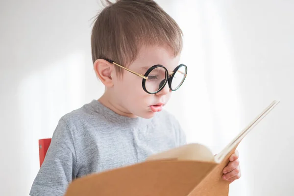 Cute toddler boy reading a book in glasses. Smart preschooler. Back to school concept — Stock Photo, Image