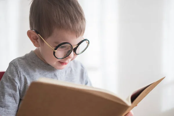 Bonito menino criança lendo um livro em óculos. Pré-escolar inteligente. Voltar ao conceito de escola — Fotografia de Stock