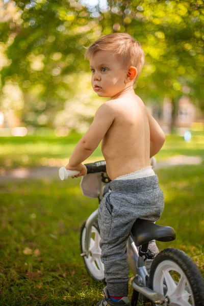 Piccolo bambino seduto in bicicletta e in attesa. Stile di vita vita vita familiare. ciclismo . — Foto Stock