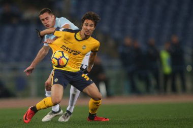 Rome, İtalya - 19 Şubat 2018: Marusic ve Matos Ryder maç Lazio vs Verona Roma Stadio Olimpico sırasında eylem