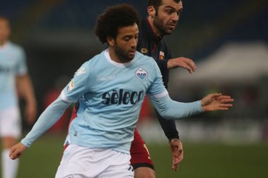 Rome, İtalya - 4 Şubat 2018: Anderson ve Pandev Lazio rakip Genoa Roma Stadio Olimpico maç sırasında eylem
