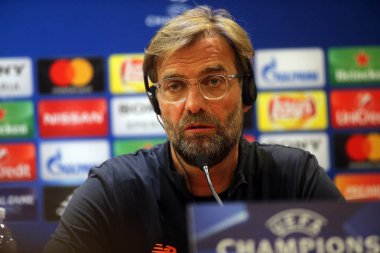 Rome, İtalya - 5 Mayıs 2018: Jürgen Klopp basın toplantısında Uefa Şampiyonlar Ligi maç önce Roma olarak Rakip Liverpool Roma Olimpiyat Stadyumu.