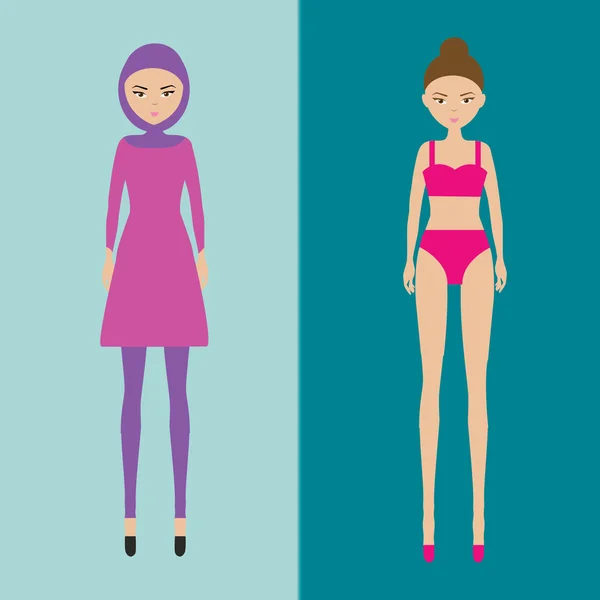 Chica musulmana en traje de baño burkini y chica en bikini clásico — Vector de stock