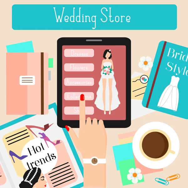 Bröllop butik koncept platta vektorillustration. Kvinna som shopping i webbshop med hennes Touchpad — Stock vektor