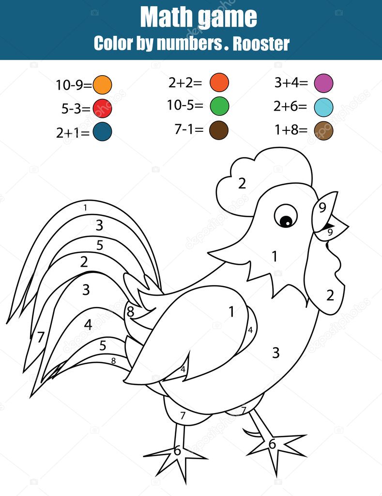 Coloriage avec coq Couleur de nombres jeu éducatif de mathématiques feuille de calcul — Image vectorielle