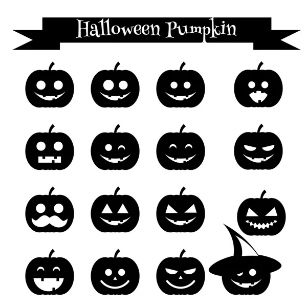 Roztomilá halloween dýně emoji ikony nastavení. Emotikony, nálepky, návrh elemets, izolované černé siluety — Stockový vektor